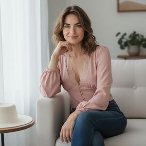 Forever 21 Pink Long Sleeve Lace-Trim V-Neck Blouse – Size M